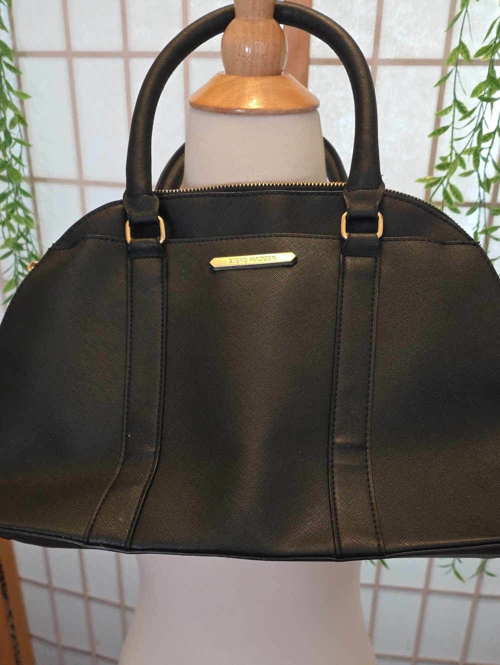 Steve Madden Black Saffiano Dome Satchel with Gold Hardware